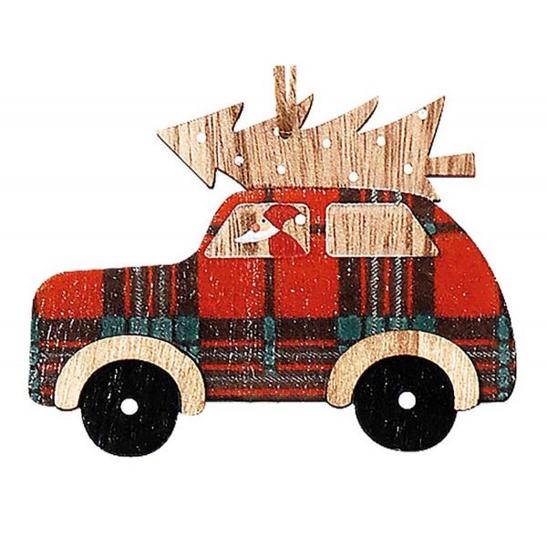 Χριστουγεννιάτικο Ξύλινο Αυτοκινητάκι Καρό με Δεντράκι (10cm)